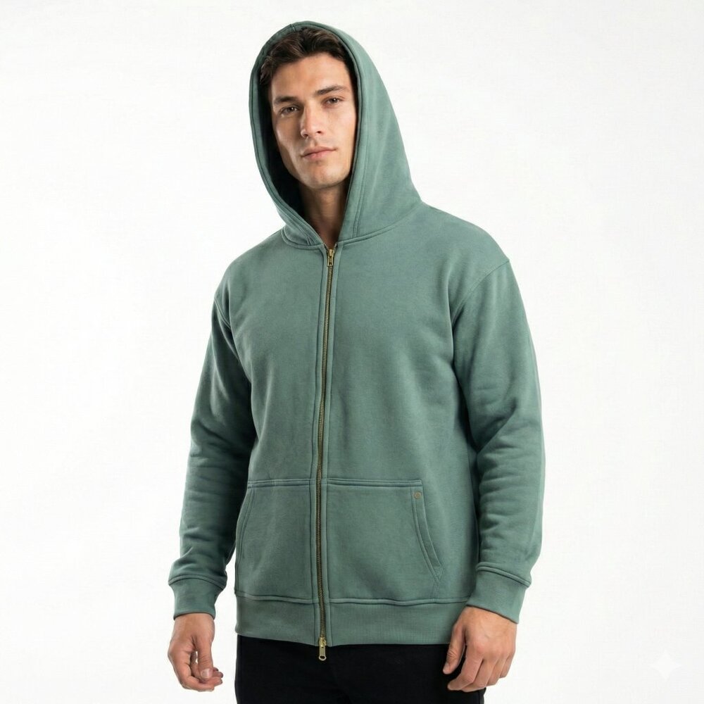 High Level HL Sage Green Two-way Zip-up Hoodie Stone Washed Vintage Men